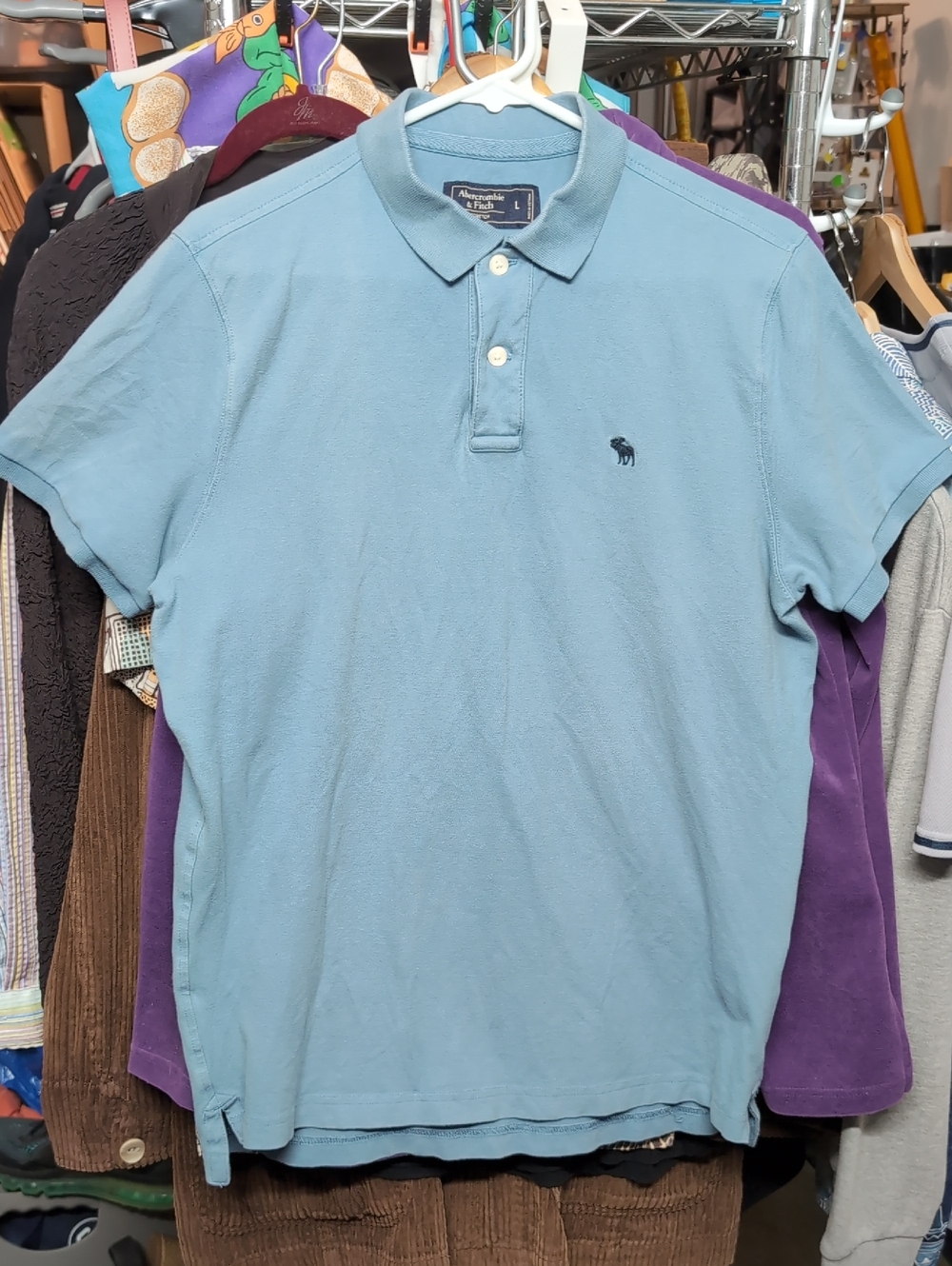 Abercrombie & Fitch Men's Sky Blue Polo with Embroidered Moose 🫎 Sz L Vtg